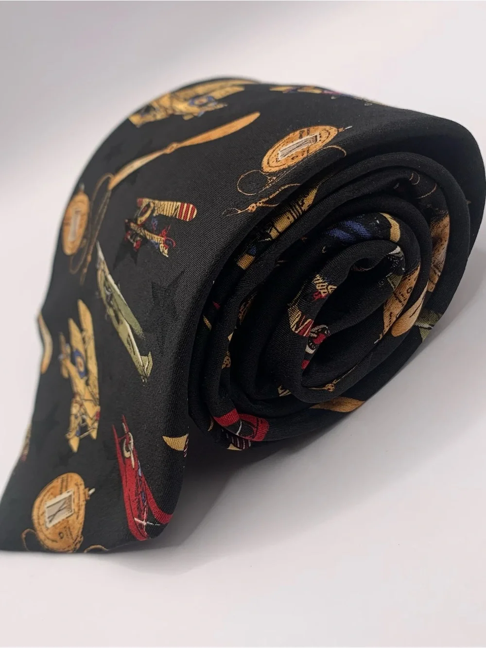Black Men's Patterned Tie with Gold and Red Accents Rare Imported Tie business